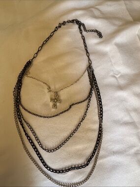 Women's Layered Cross Necklace in Silver and Black